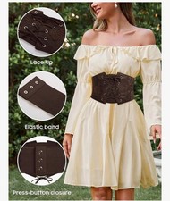 Women s Wide Corset Waist Belt Lace-Up Adjustable Stretch Press-Stud Brown