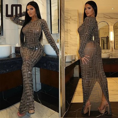 Liu Ming Elegant Women Sheer Mesh Rhinestone Long Sleeve Evening Dresses