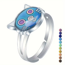 Adjustable Cat Cats Face Mood Ring with Color-Changing Gemstone
