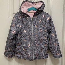Penelope Mack Girl s Plush Lined Jacket 4 Gray Pink Unicorn Foil Ruffle Hood
