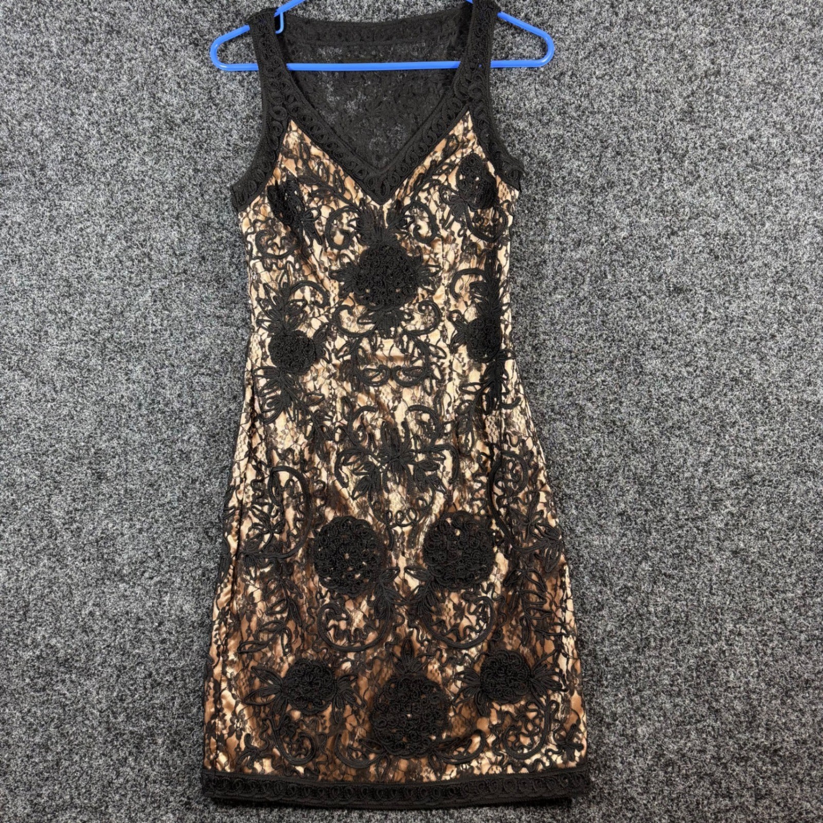 Sue Wong Nocturne Black Lace Soutache Floral Cocktail Dress Champagne Gold 4