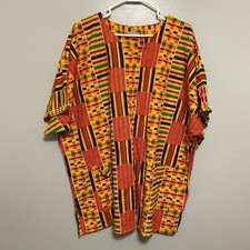 Xpress Dashiki Men 2X Yellow Multicolor Kente Print Cotton Tunic Shirt Tribal