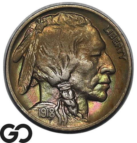 1918-D Buffalo Nickel Choice AU++, Beautiful Color! Better Date