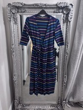 Frugi Bloom Women’s Maternity Breastfeeding Multi Stripe Navy Wrap Midi Dress 12
