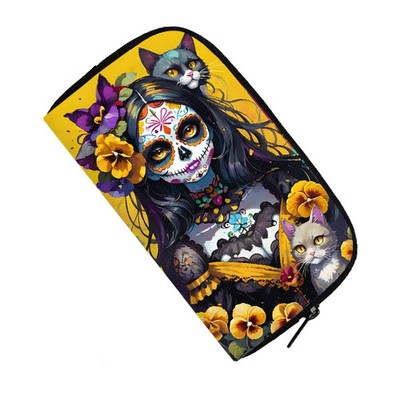 Yellow Gothic Sugar Skull Cat Woman Zip Around Wallet Day of Dead Purse