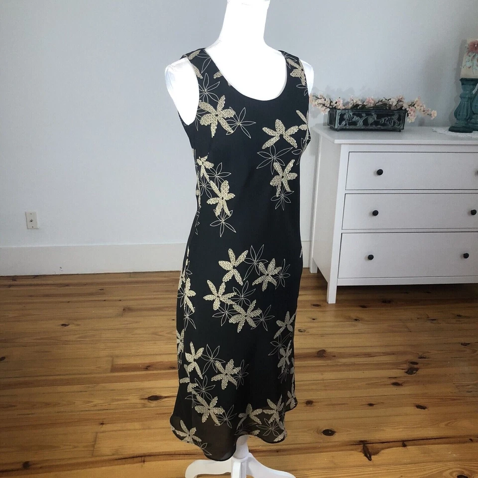 Vestido sin mangas vintage de chifón Sheri Martin años 90 para mujer 8 negro floral Foto 3 de 4