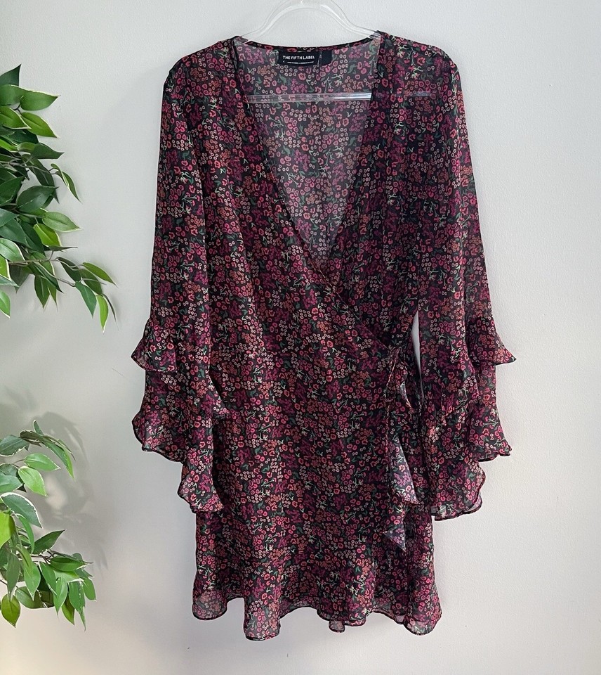 The Fifth Label Womens Size L Wrap Dress Flare Sleeve Floral Pattern Red Sheer