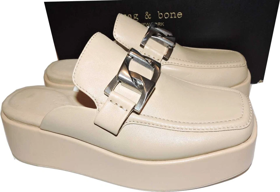 Rag & Bone Mules Ivory Logan Platform Leather Slip On Loafers Shoes 38