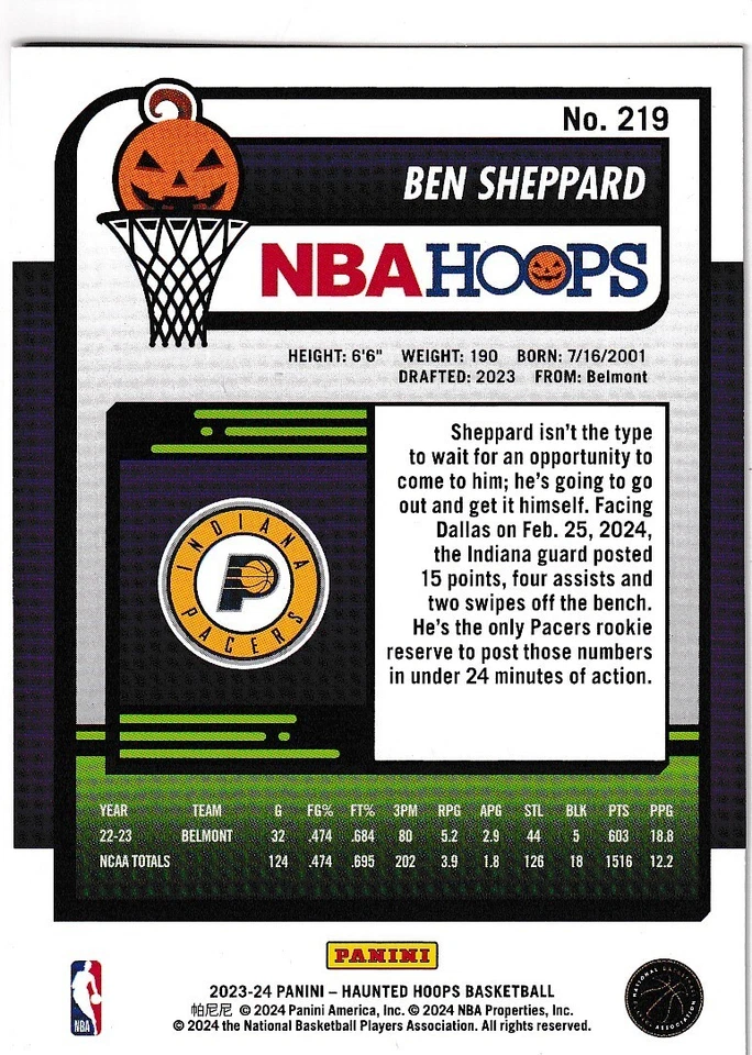 2023-24 HAUNTED HOOPS NBA ORANGE RC BEN SHEPPARD INDIANA PACERS ROOKIE AA-2233 - Image 2 of 2