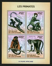 Hoja de estampillas de Costa de Marfil 2014 animales de África monjes MNH #15491