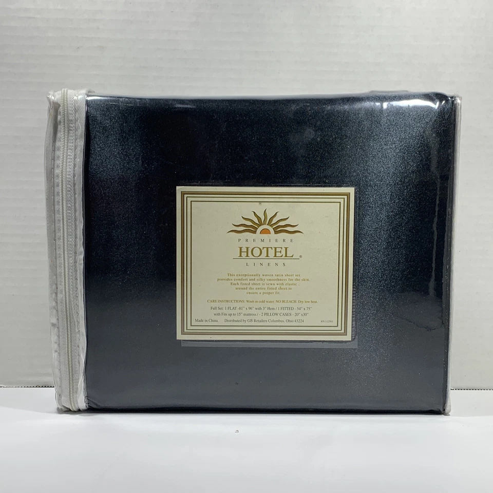 Juego de sábanas planas y ajustadas de satén tejido negro cama tamaño completo de hotel Premier de colección Foto 2 de 4