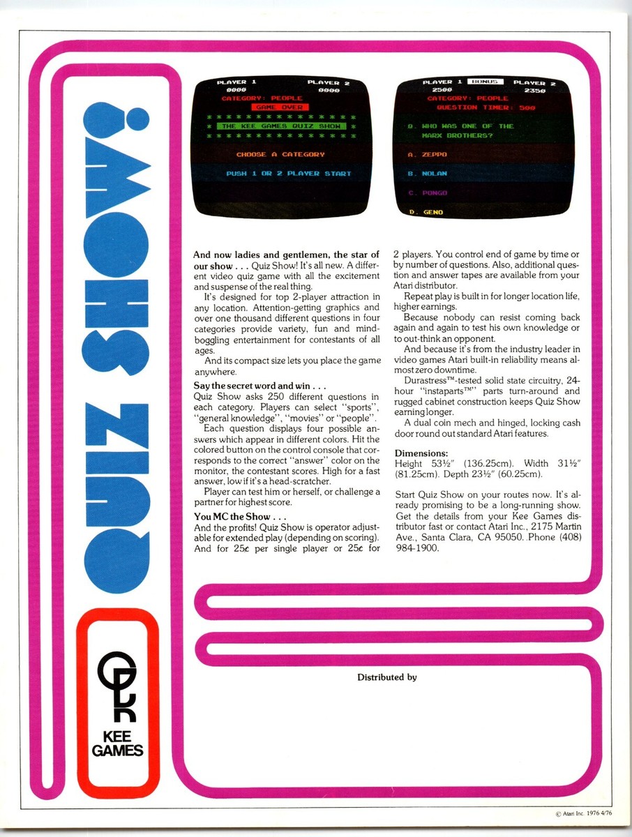 Quiz Show Video Arcade Game FLYER 1976 Original Vintage Retro