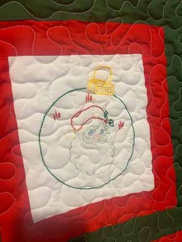REDUCED PRICE....Hand-embroidered Lap or Nap Quilt - Christmas, Red and Green - Picture 2 of 9