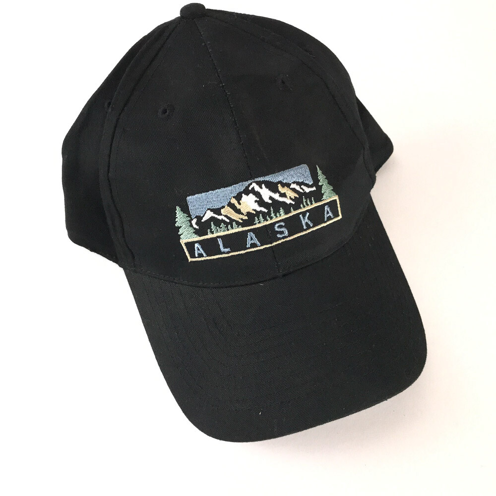 Alaska hat mountain and pine tree scene on black cap - Gem