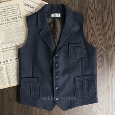 Men Tweed Waistcoat Retro Herringbone Vest Wool Blend Lapel Gilet Suit Top Retro