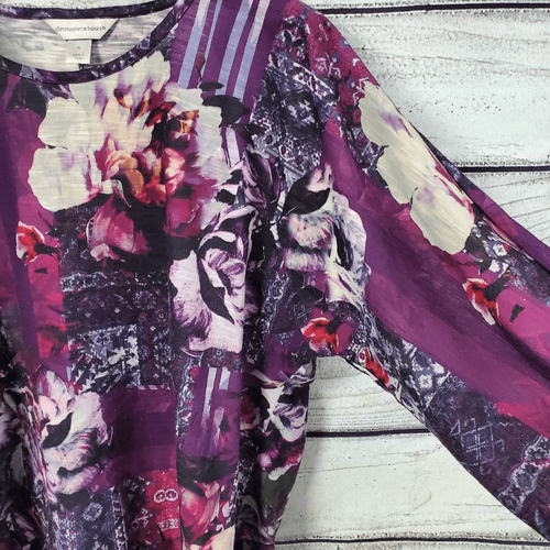 Camicetta tunica Christopher & Banks XL floreale patchwork viola orlo trasparente manica a 3/4 - Foto 4 di 8