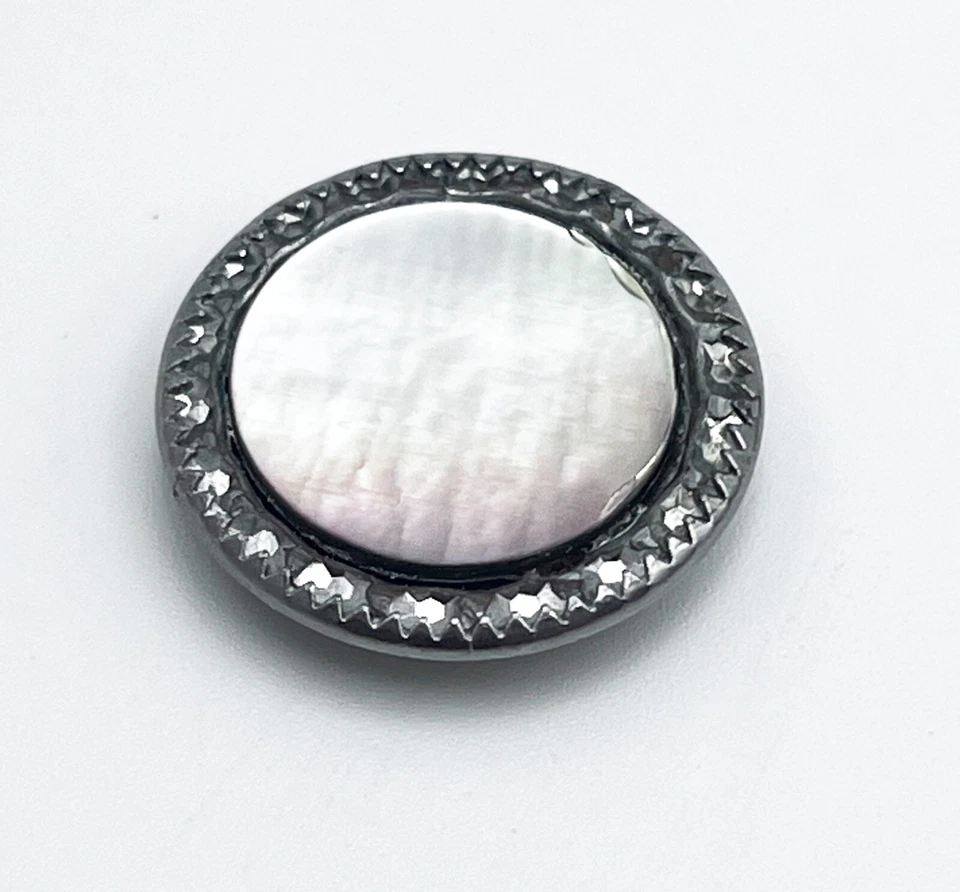 Vintage Mother of Pearl Metal Button Faceted Silver Trim 15/16-in Shank, Large - Image 3 of 4