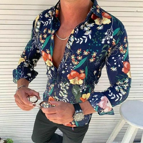 Mens Casual Floral Long Sleeve Shirt Button Down Slim Fit Blouse Tops Holiday - Picture 3 of 13