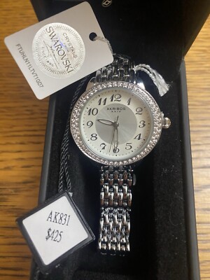 Akribos XXIV Silver Tone Women's Watch Swarovski Crystal Frame NWT MSRP $425