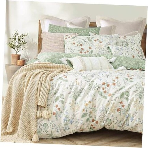 Natural Cotton 3pcs Botanical Comforter Sets Queen Size-Green Comforter with