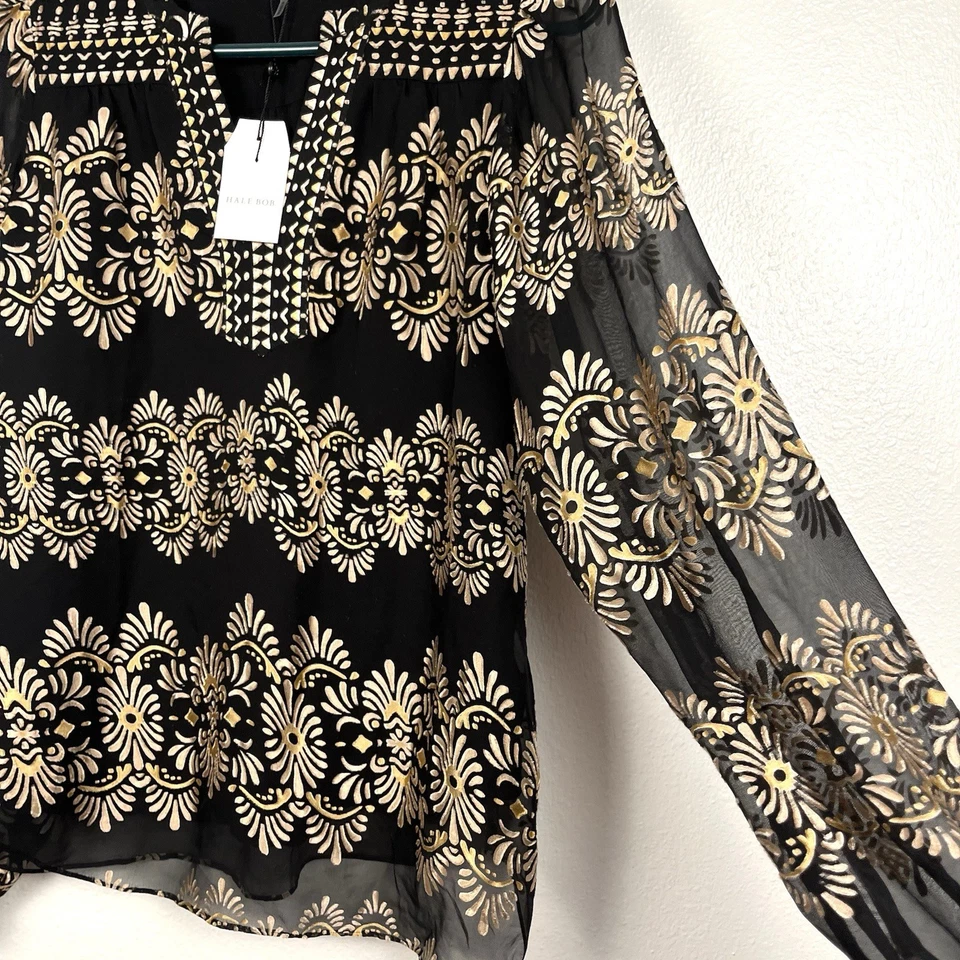 Nuevo con etiquetas Blusa Top Hale Bob Pequeña Lexie Negra Dorada Terciopelo Seda Burnout Manga Larga Foto 4 de 4