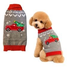 Cozy Gray Holiday Dog Sweater with Red Truck – Knitted Christmas Winter Pullower