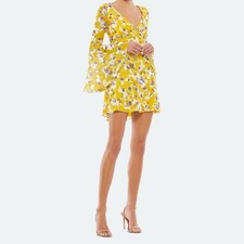 Ieena for Mac Duggal 70207 Bell Sleeve Floral Print Dress Yellow Women’s Sz 2