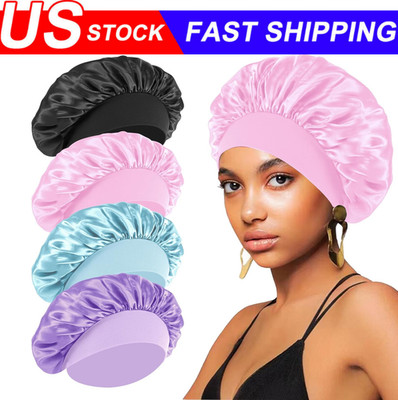 Women Satin Bonnet Night Sleep Cap Hair Hat Silk Head Cover Wide Elastic Band