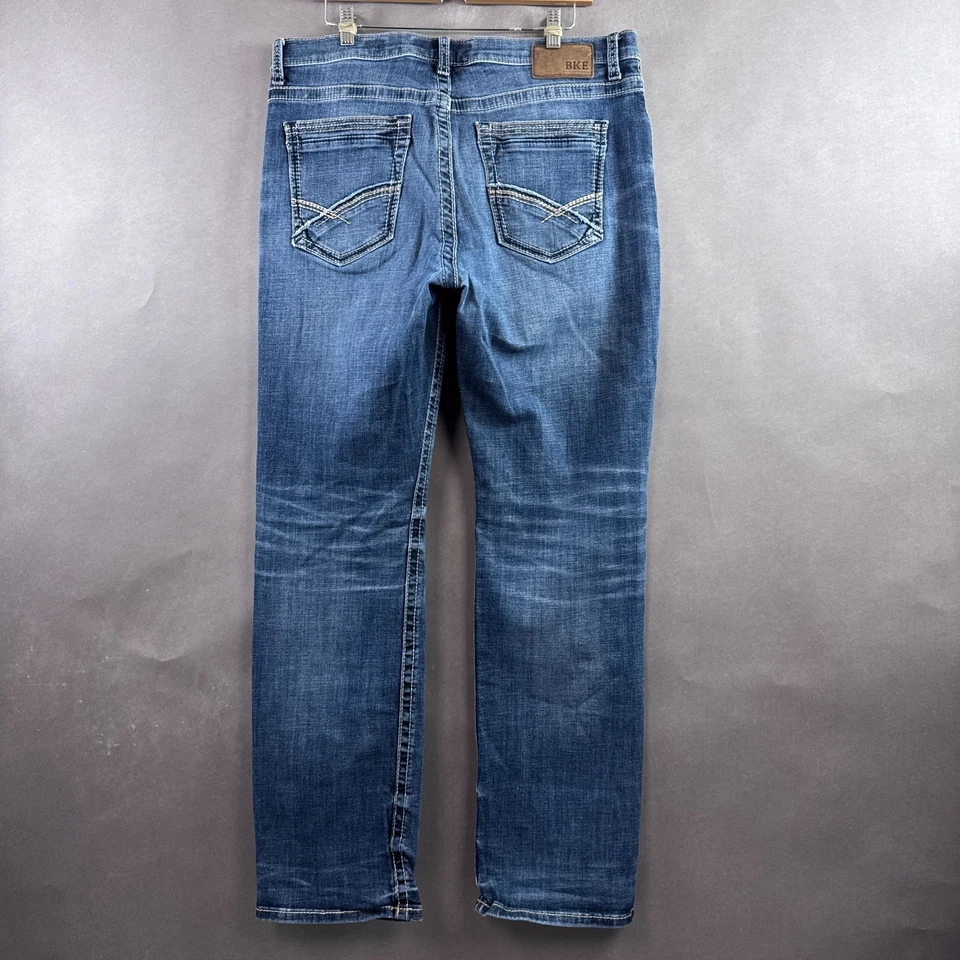 Pantalones de mezclilla con hebilla BKE para hombre 36x34 azul Tyler lavado bigotes rectos Foto 3 de 4