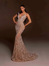 Dark Brown Long Wedding Prom Dress Pearl Beading Sleeveless Lace Up Evening Gown