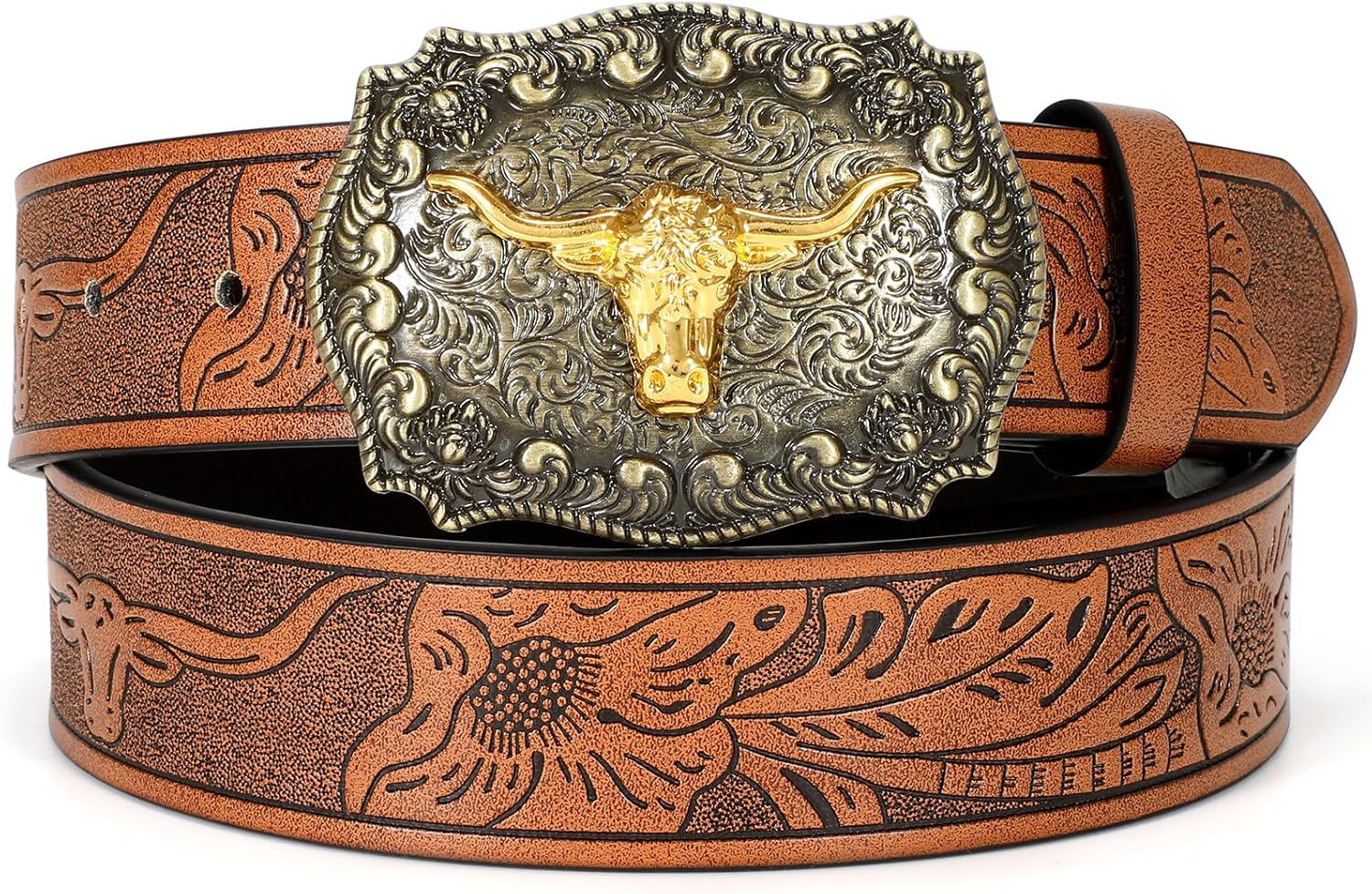 Women Men Western Belts Cowboy Cowgirl Country Belt Longhorn Bull Buckle Floral