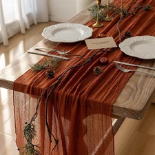 Keketo 120" Terracotta Cheesecloth Table Runner Rustic Burnt Orange