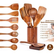 9PCS Wooden Spoons Kitchen Utensil Set with Teak Wooden Holder & Spoon Rest