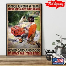 Vintage Little Boy Painting Wooden Toy Car &amp Dog Watching Once Upon A Time...