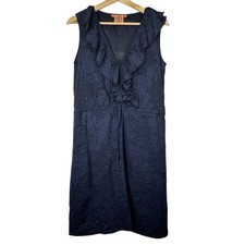 Tory Burch Silk Cotton Navy Floral Appliqué V-Neck Sleeveless Dress Women's 8