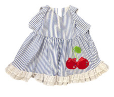 Vintage Classic Style Girls Blue Seersucker Cherry Retro Dress Flutter 6-9 Month