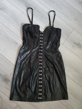 Black Wet Look Hook & Eye Bodycon Mini Dress Size 6-8 