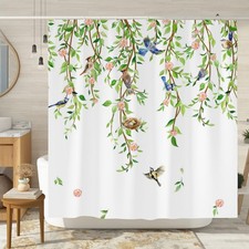 Green Leaf Shower Curtain, Spring Watercolor Botanical Plant Leaves with Bird...