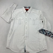 Platini Jeans Cougar Shirt Mens XL White Western Paisley Trim Contrast Cowboy