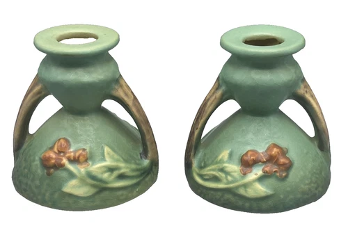 Roseville Art Pottery Pair Of 3 1/4" Handled Bittersweet Candlesticks / 851-3