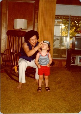 1970s Americana Family Photograph Boy Grandma TV Wood Paneling Interior