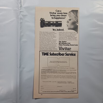1976 VIVITAR CLOSE FOCUSING ZOOM LENS & TIME SUBSCRIBER SERVICE PRINT AD