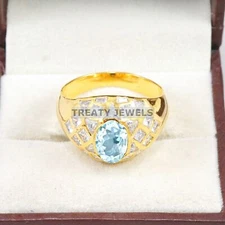 Aquamarine Oval Cut With 925 Sterling Silver Gold Plated Ring For Men's #A765