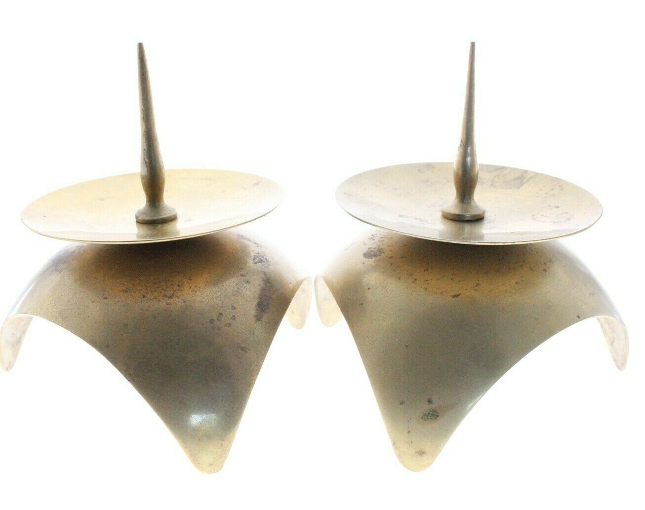 Pair Vintage 60s Atomic Solid Brass Candle Holders Tripod Mid Century Brutalist