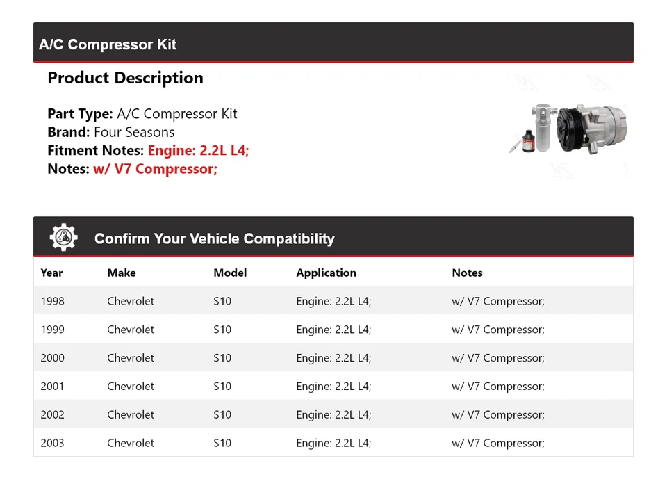 Kit de compressor A/C Chevrolet S10 2.2L L4 1998-2003 4 temporadas 1999 2000 2001 - Imagem 2 de 4