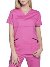 Scrubstar Women's Stretch Twill Color Accent V-Neck Scrub Top PINK, X-Small XS 