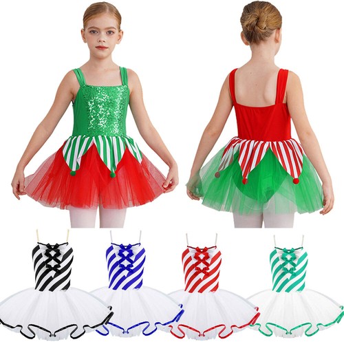 Girls Christmas Dance Costume Sleeveless Jagged Pompoms Tulle Skirt Jumpsuit - Picture 5 of 65
