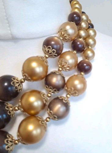 Vintage 3 Strand Gold/Brown Beads Made In Germany Decorative Clasp 16" - Picture 2 of 8