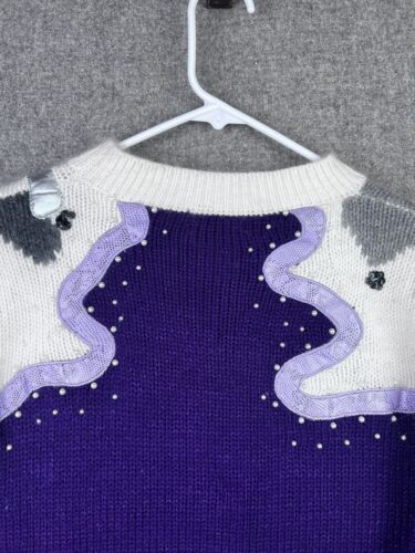 Vtg 80s Miréne Rabbit Hair Blend Faux Pearl Sequin Accents Sweater Sz M Purple - Picture 6 of 10