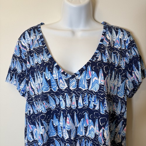 Lilly Pulitzer Etta V-Neck Top Low Tide Navy Blue Sails And Stripes Size Large - Picture 3 of 12